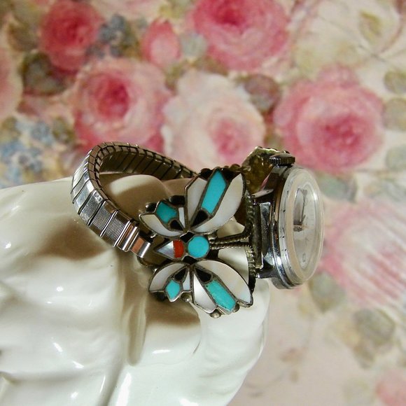Vintage Sterling RA Wallace Signed Butterly Zuni Turquoise, MOP watch band main image 5